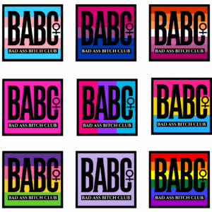 Collage of updated BABC logos featuring the inclusive femme symbol and “Bad Ass Bitch Club” text, displayed on multiple backgrounds including pride flags and solid colors